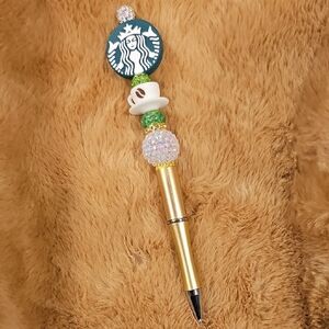 Gold Pen with Green and White Beads